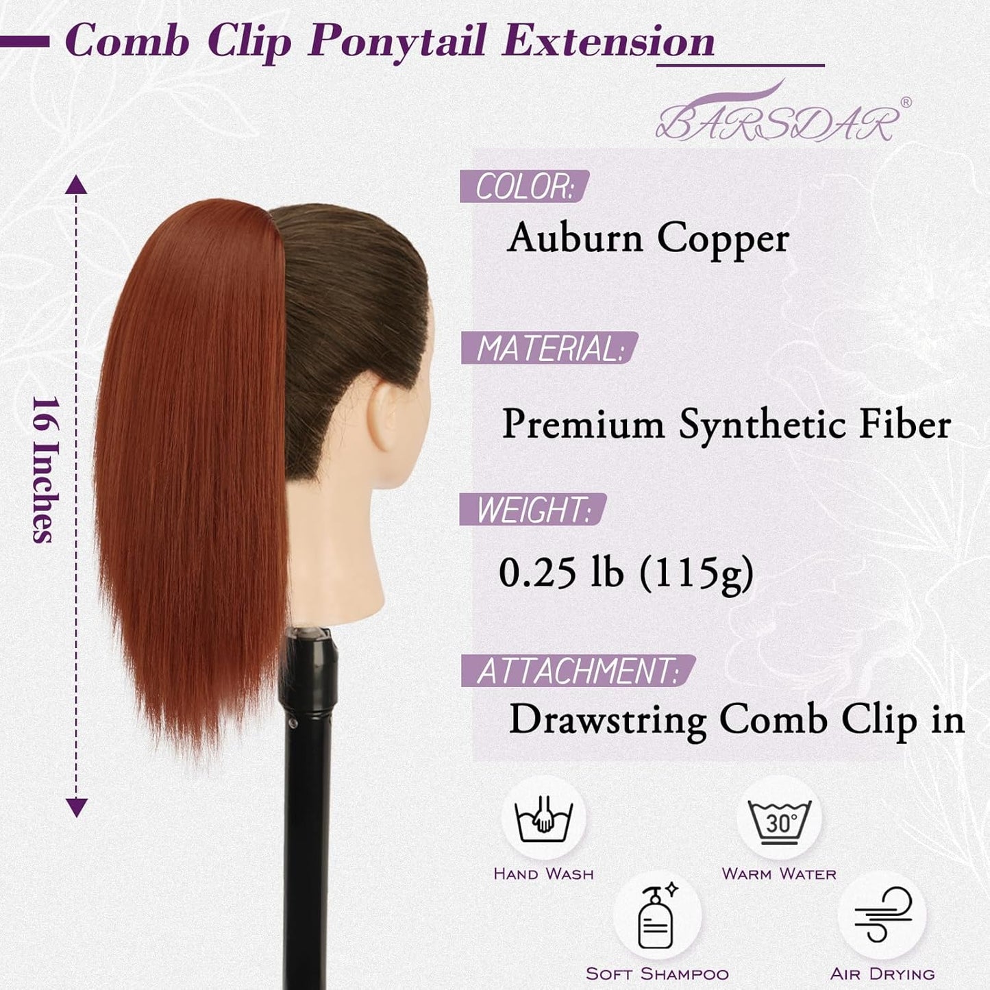 Auburn Ponytail Extension - 16 Inch Straight Drawstring Hairpiece | Soft Synthetic for Daily & Party Use