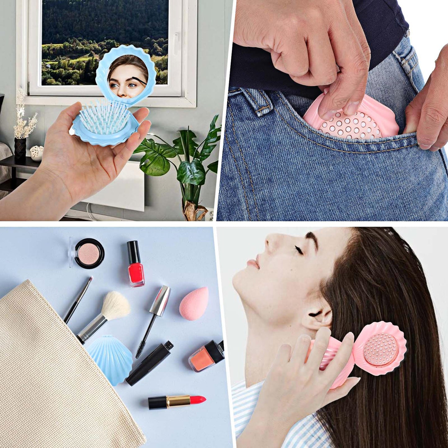 Nogeqi 2 Pcs Shell Shape Foldable Mini Brush for Hair,Travel Size Hair Brush with Mirror,Conch Folding Hair Brush,Portable Compact Hair Brush for Women and Purse Must Haves (Blue Pink)