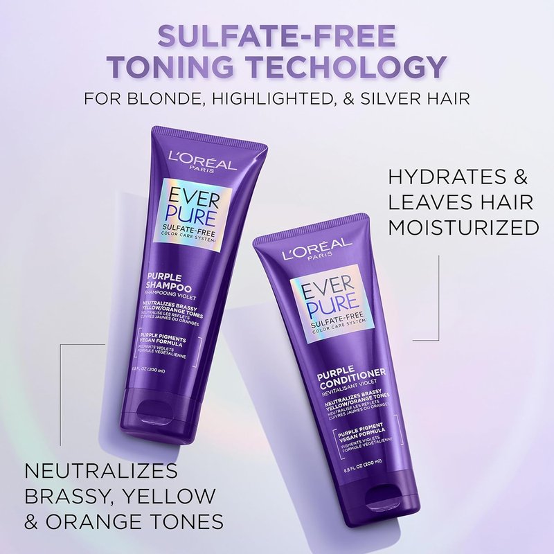 L’Oreal Paris Purple Shampoo - Sulfate Free Brass Toning for Blonde & Highlighted Hair | 6.8 Fl Oz