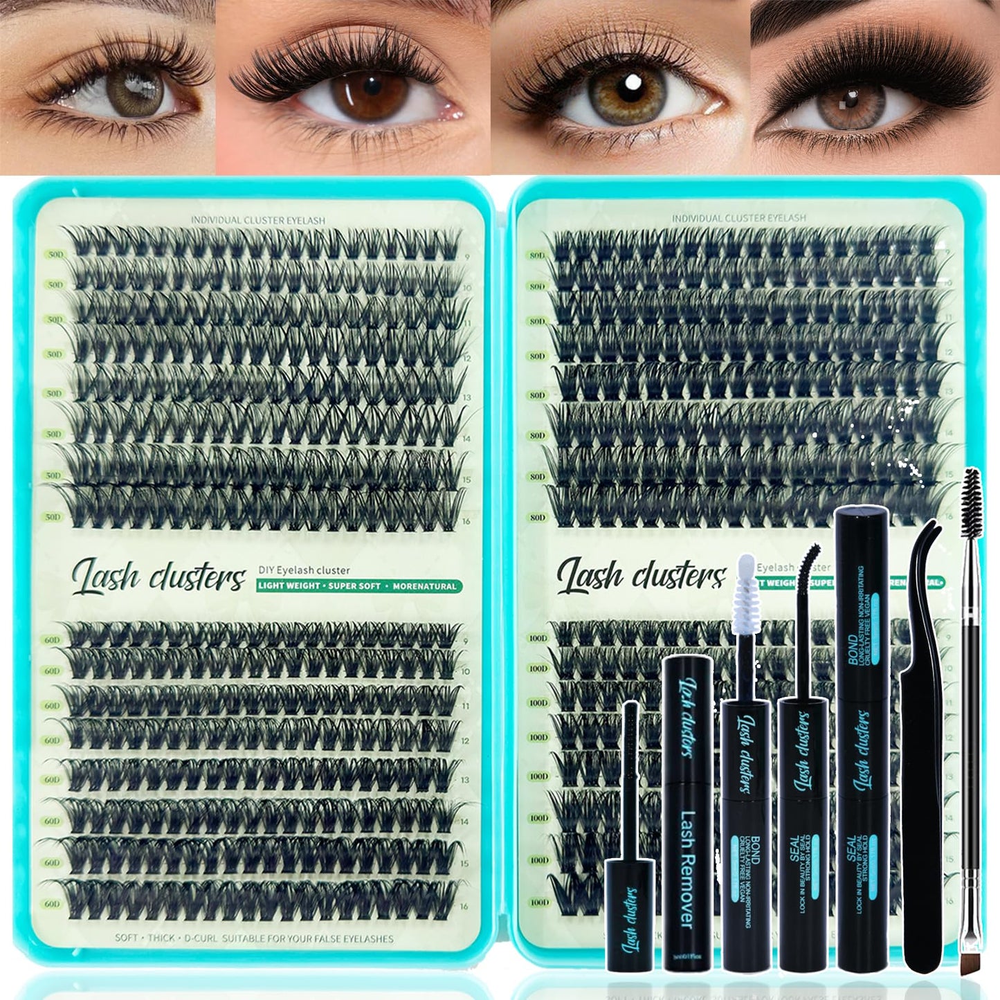 Lash Clusters Kit, 640 Pcs Eyelashes Lash Clusters D Curl 9-16mm, Individual Fluffy False Eyelashes Extensions with Tools, Perfect for Daily Wear and Dating (50D+60D+80D+100D Kit)
