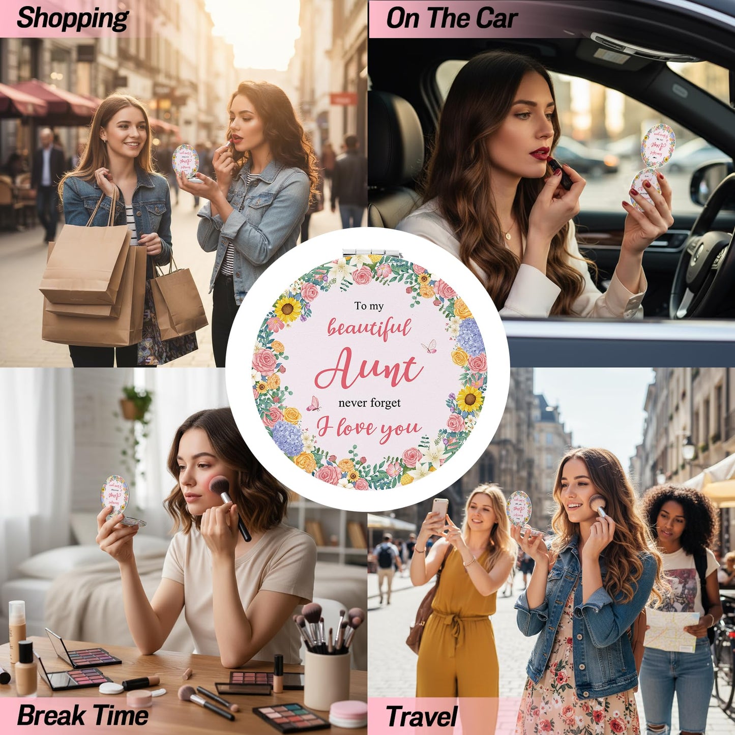 Goyinxza Aunt Gifts Aunt Gifts Pink Flower Compact Mirror from Niece Nephew Mothers Day Birthday Gift for Auntie Thanksgiving Valentines Day for Auntie Travel Folding 2-Sided Mirror