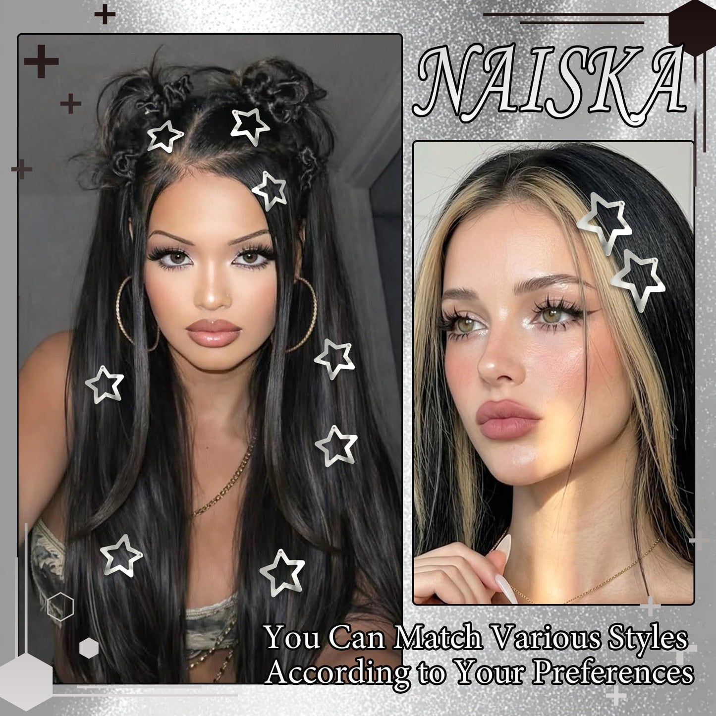 NAISKA 24PCS Star Hair Clips 2000s Y2K Hair Barrettes Silver Non Snap Clips for Cool Girls Metal Pins Star Alligator Clip Rave Hair Accessories for Women Girls