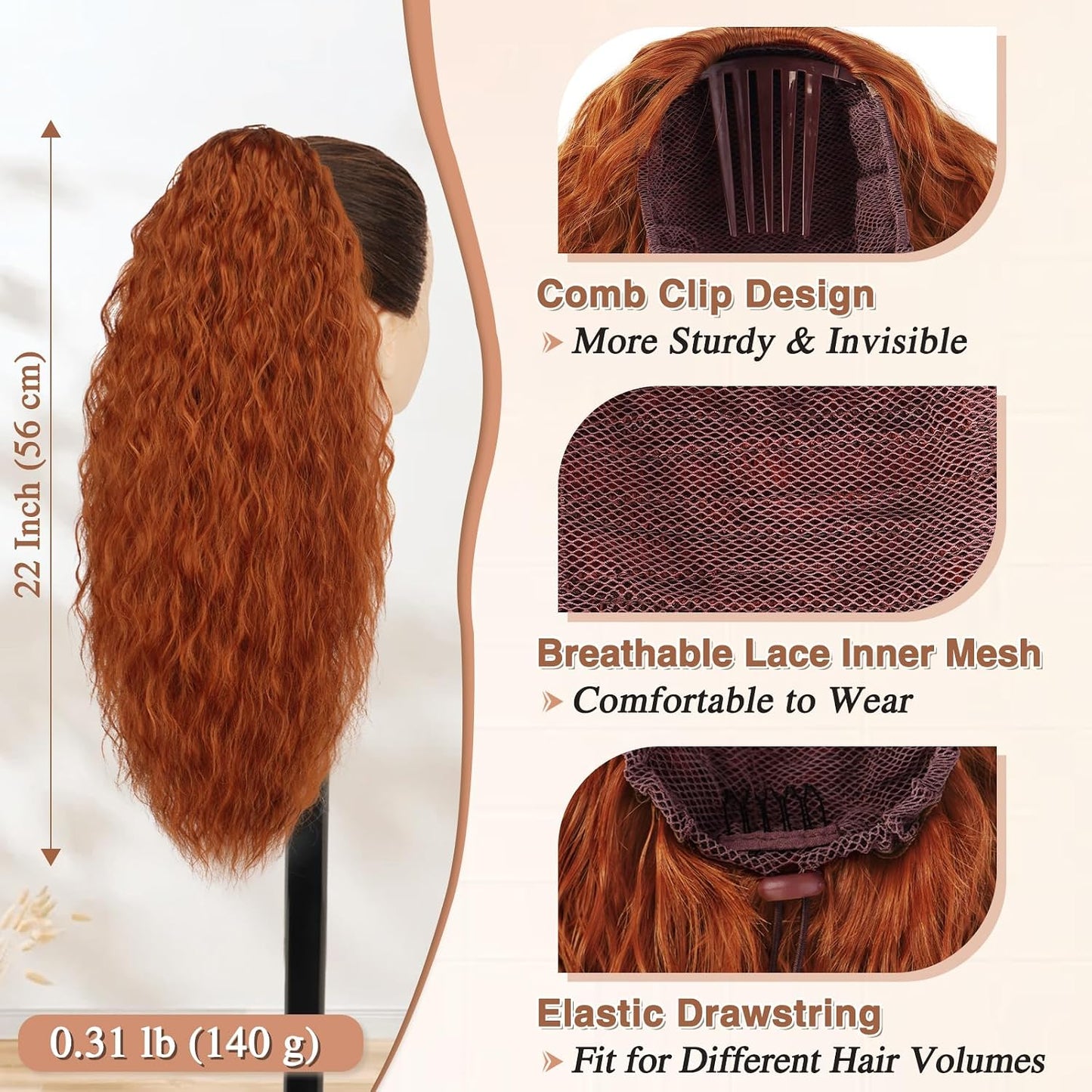 22 Inch Long Curly Wavy Copper Red Ponytail Extension - Synthetic Clip-In Hairpiece for Women | Voluminous Hair