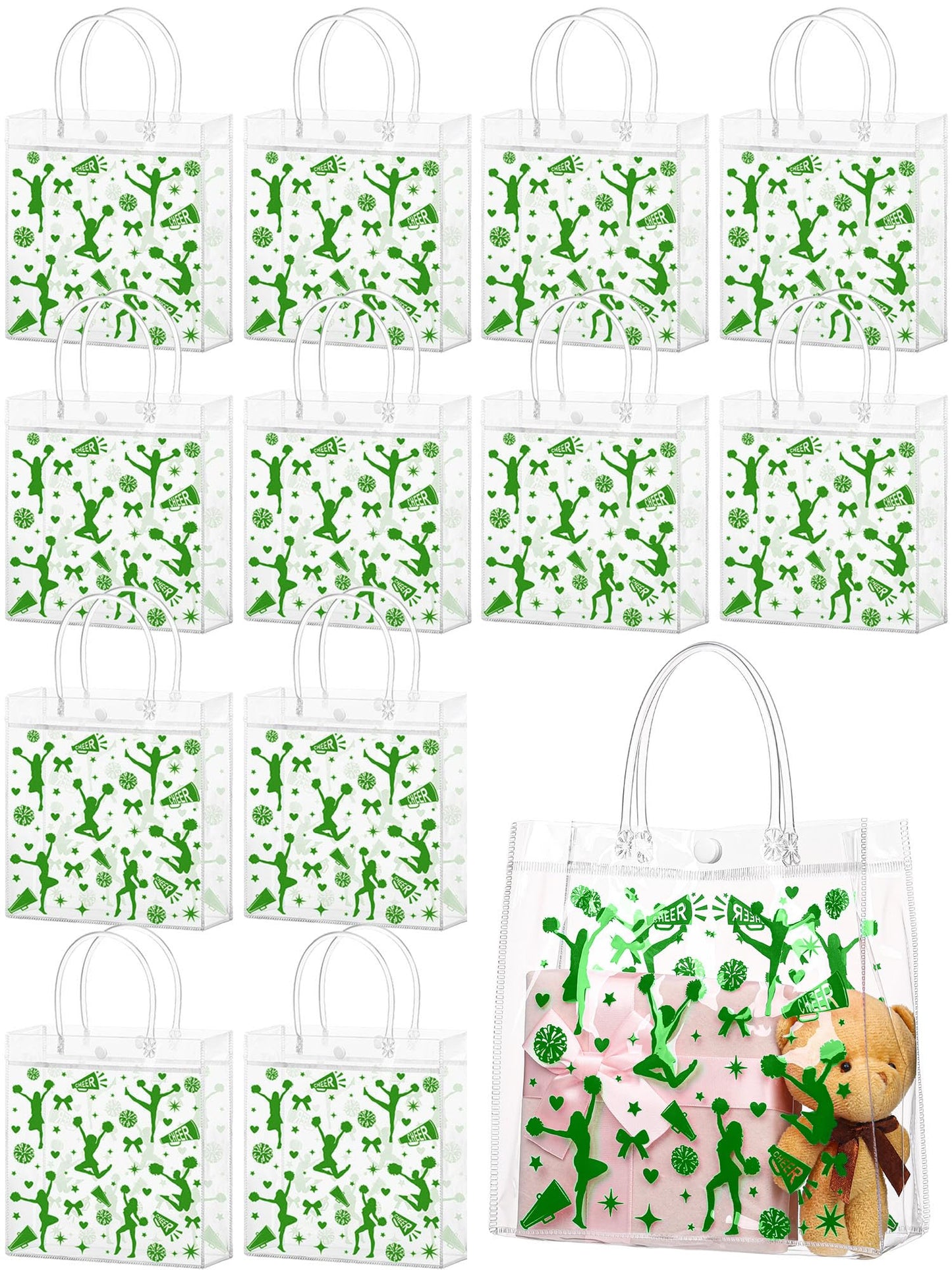 Sweetude 24 Pcs Cheer Clear Treat Bags with Handles for Cheer Team Cheerleader Gift Bag Bulk Cheerleader Party Supplies(Green)