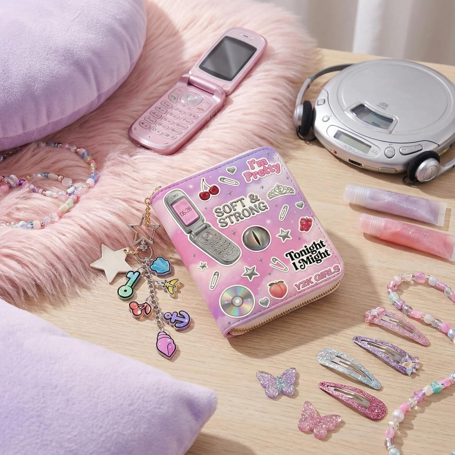Y2K Aesthetic Wallet & Keychain Set - Cute Star Tassel Coin Purse with Acrylic Charms | Nostalgic 2000s Style Accessories