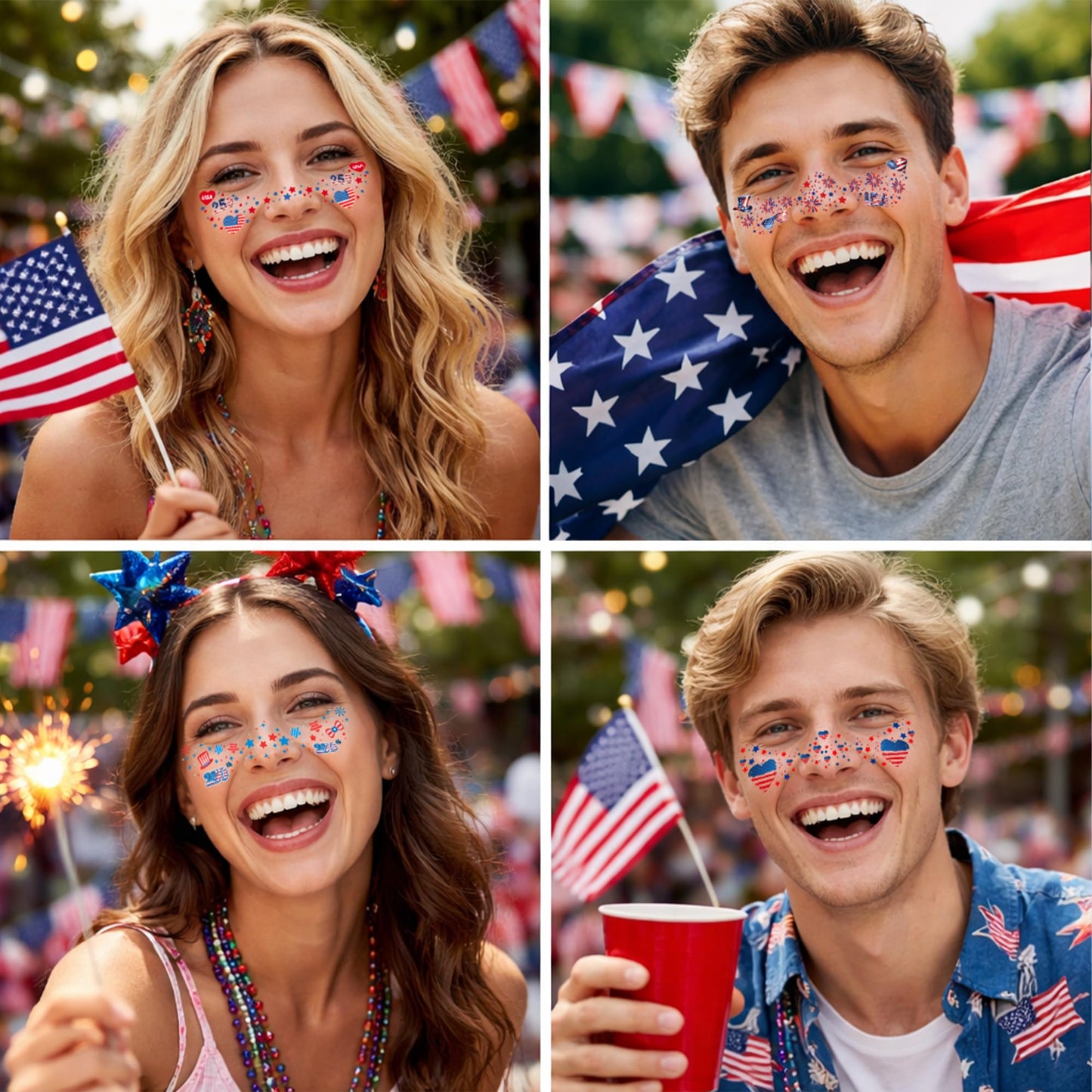 4th of July Freckles Tattoos Temporary, 250 Anniversary USA Decorations, Fourth of July Outfit Women Kids, America Red White and Blue Accessories Patriotic Party Favors Supplies for Independence Day
