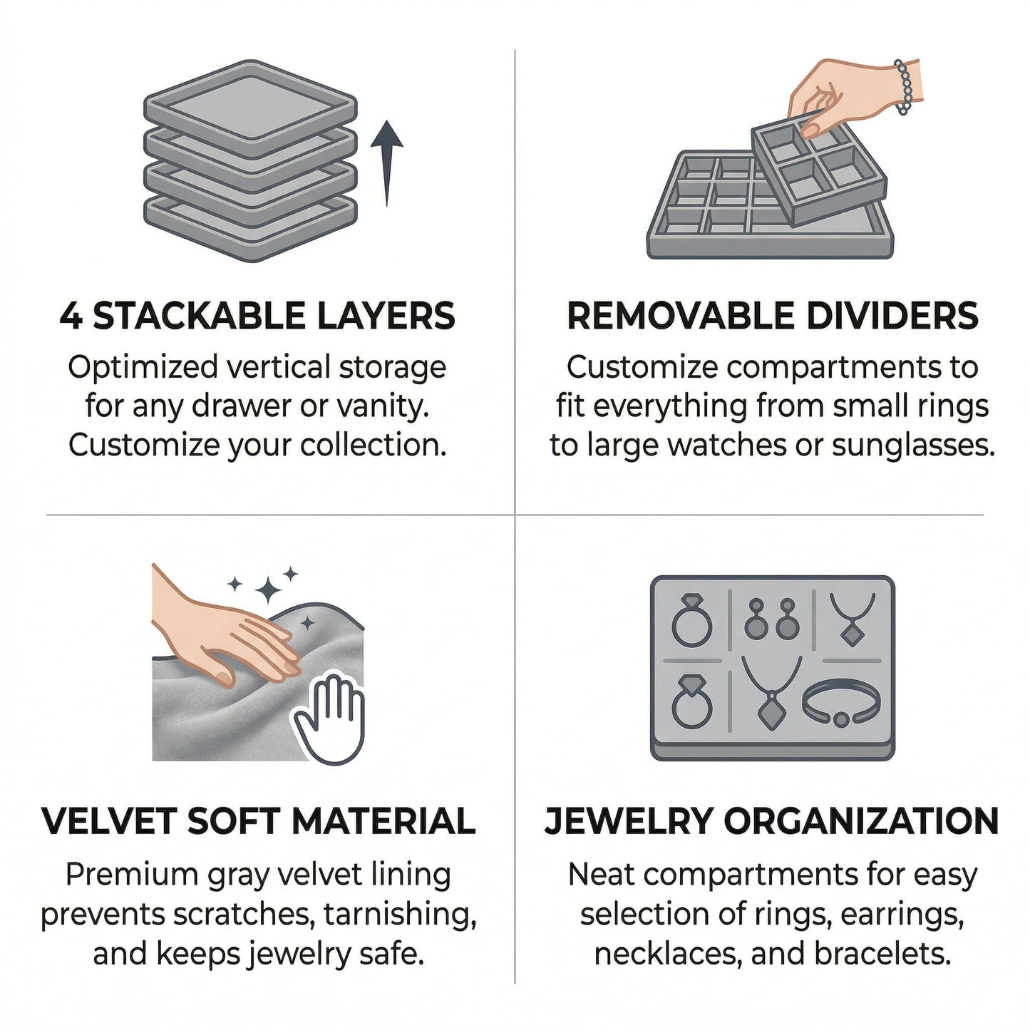 Velvet Jewelry Drawer Organizer Trays, 4-Layer Stackable Jewelry Storage Inserts Set, GREY Jewelry Tray Set for Earrings, Rings, Necklaces and Bracelets, Removable Dividers for Dresser Drawer
