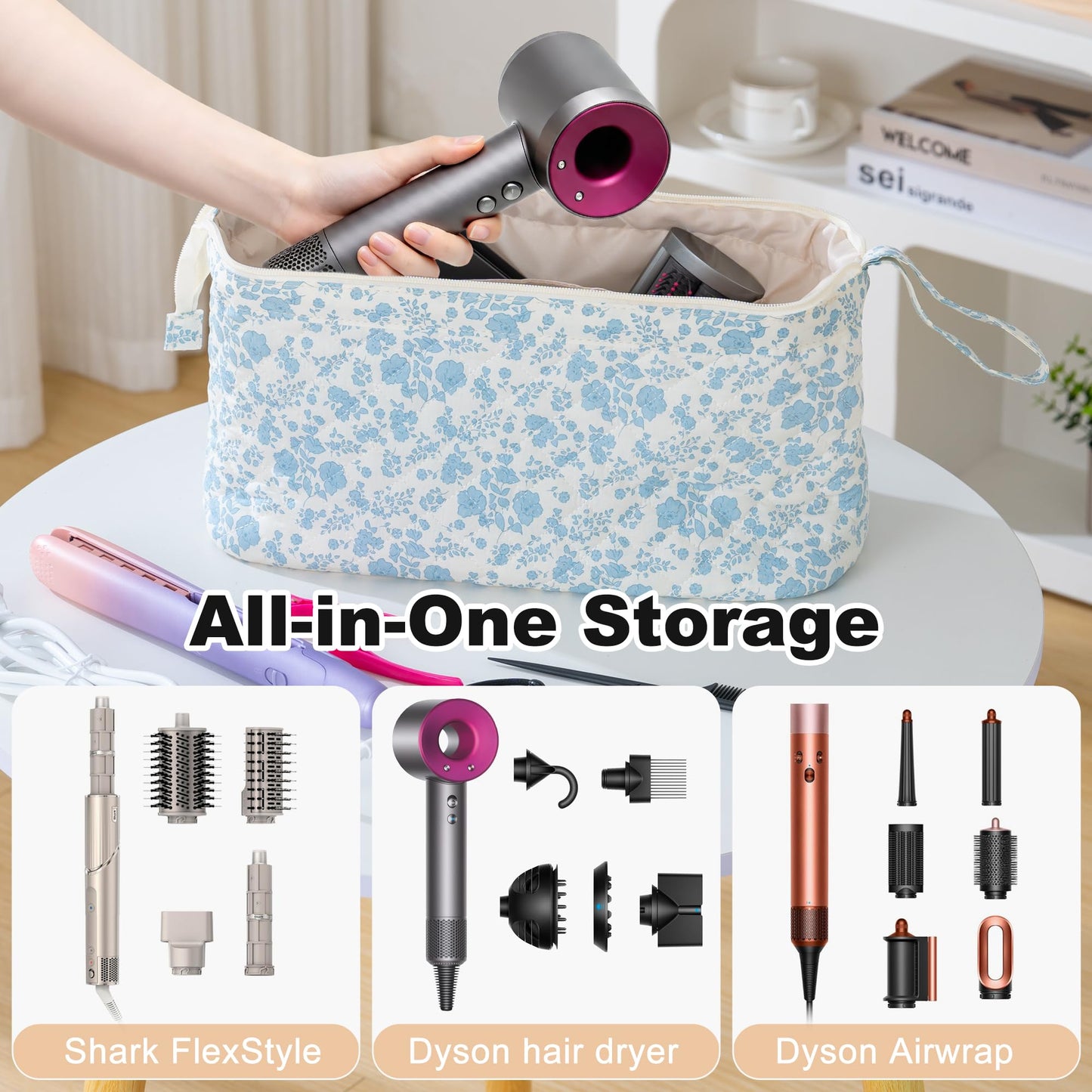 UUYUUY Hair Tools Travel Bag with Divider, Hair Tool Organizer Case for Dyson Airwrap & Shark FlexStyle, Large Capacity Storage Bag for Hair Dryer Curling Iron & Styling Accessories, Blue