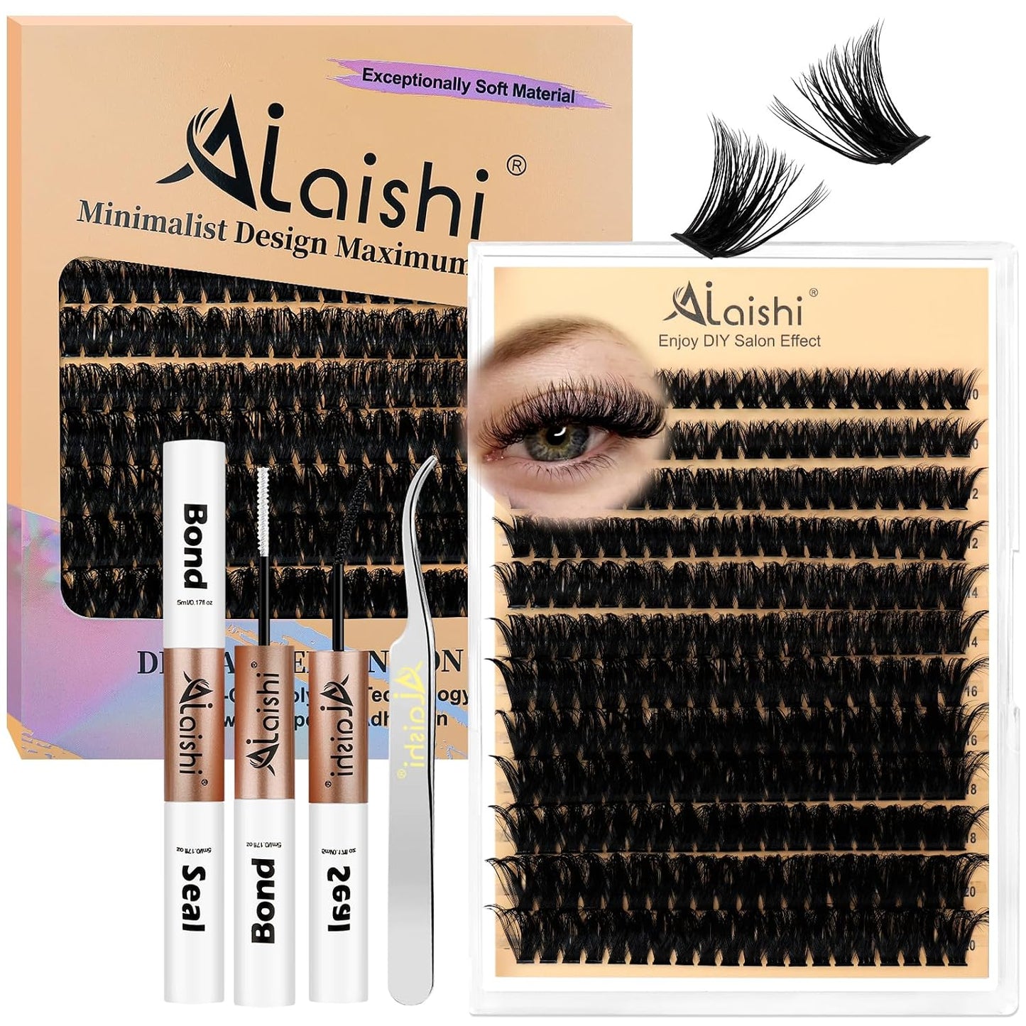 DIY Cluster Eyelash Extensions Kit - 224pcs Fluffy D Curl Lashes | 9-16mm, Bond & Seal, Tweezers Included