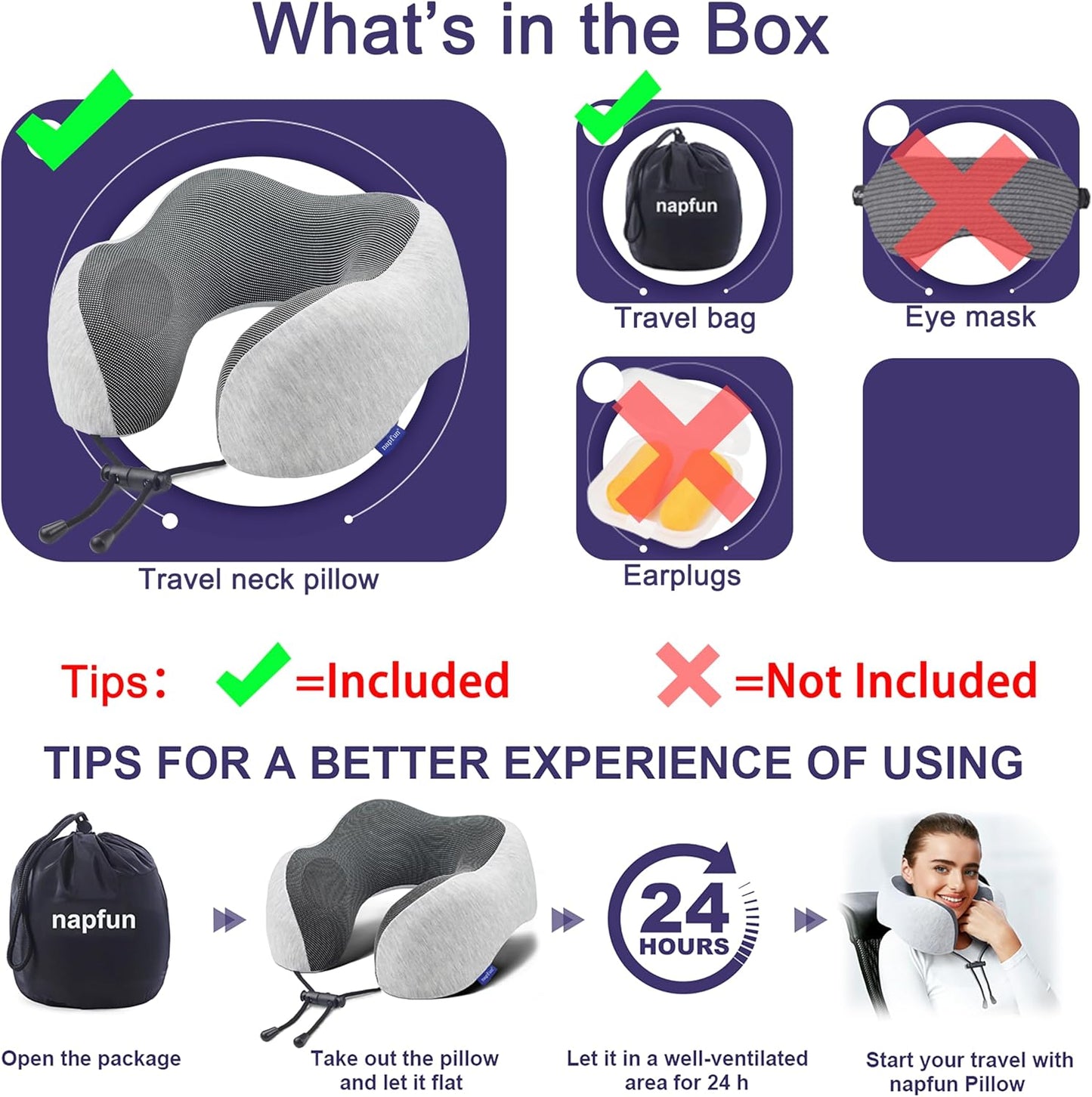 Napfun Travel Neck Pillow - Upgraded 100% Pure Memory Foam | Light Grey Comfort for Airplane Sleep