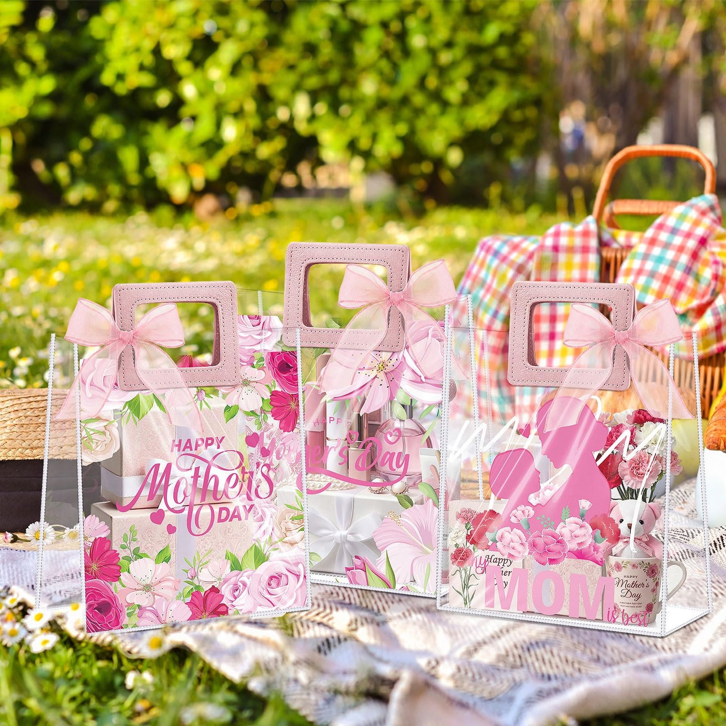 Blosssound 30 Pcs Mothers Day Gift Bags Bulk Medium Reusable Plastic Tote Bags with Handles & Ribbon 9x8x3 Inch Floral Mothers Day Party Favors Clear PVC Waterproof Wrap for Mom Grandma Gifts