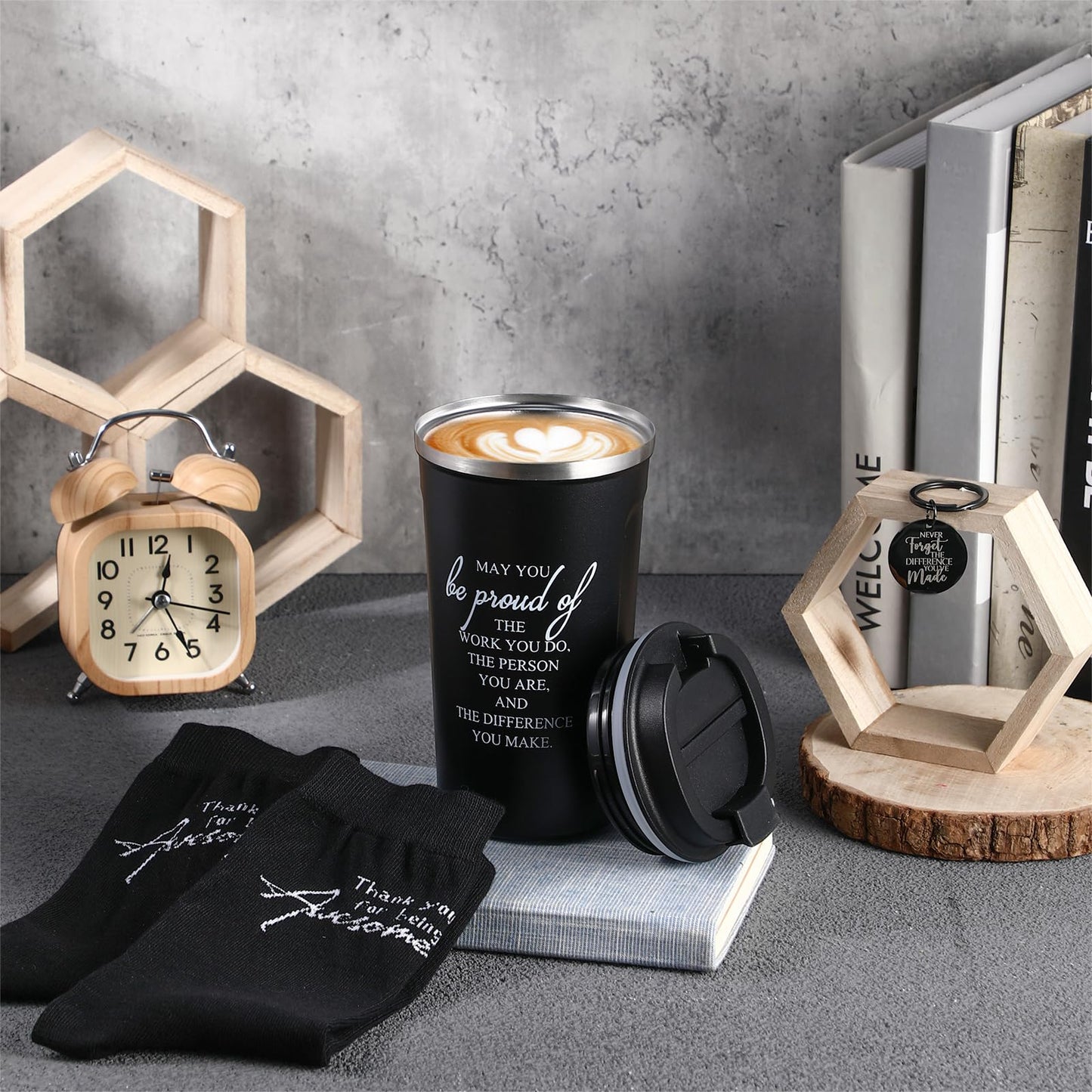 Roshtia 3 Sets Thank You Gift for Men Employee Appreciation Gift Set for Male Teacher Coworker Staff Volunteer 17 oz Stainless Steel Tumbler Socks Inspirational Keychain Back to School Gifts