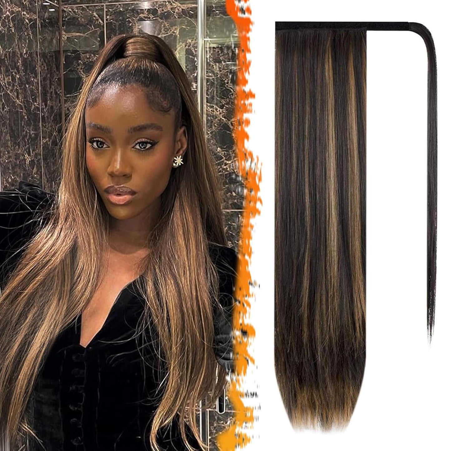 Dark Brown Straight Wrap Ponytail Extension - 24 Inch Clip-In Hairpiece for Black Women | Synthetic Hair