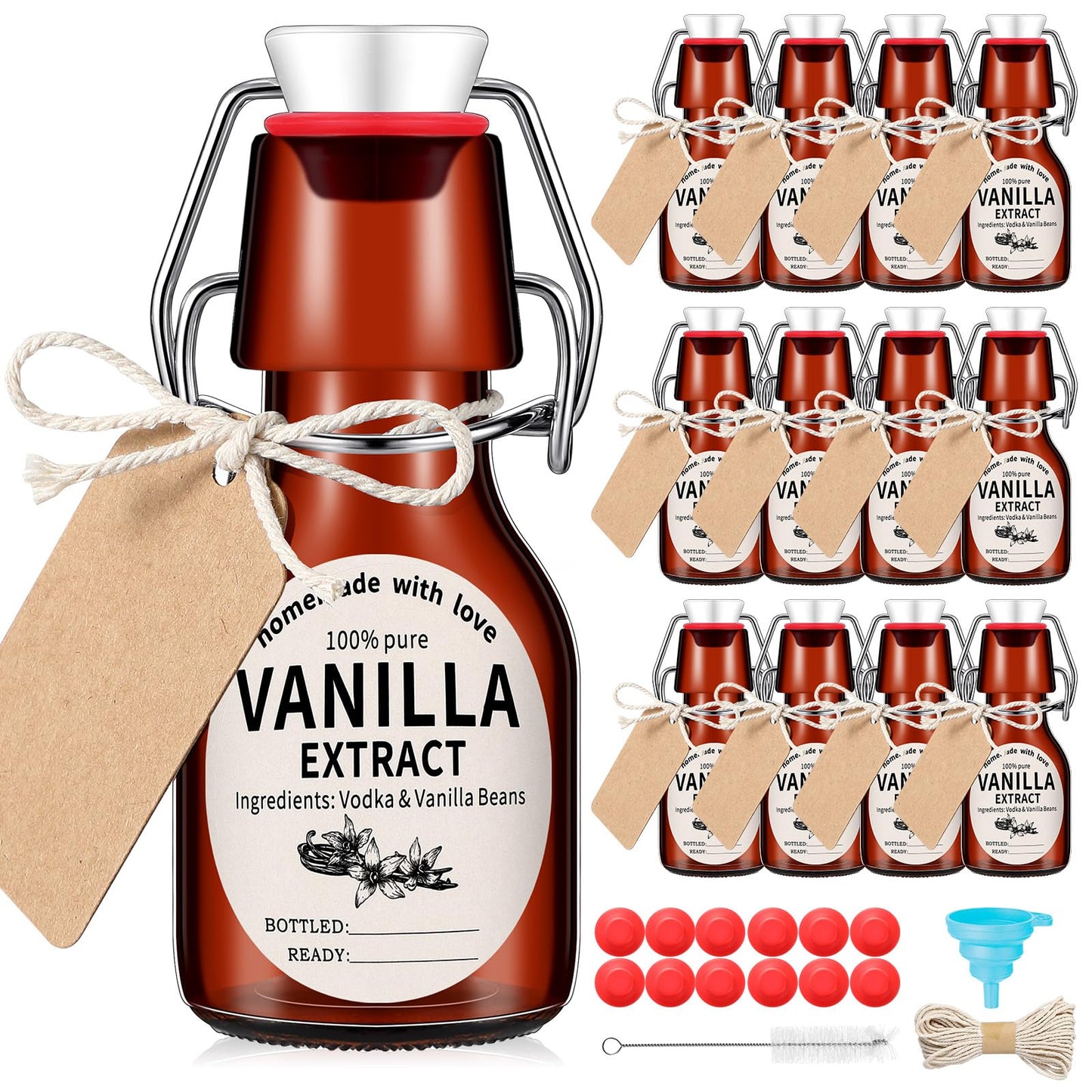 Vesici 12 Sets Swing Top Glass Bottles Set Amber Homemade Vanilla Extract Bottles Vanilla Extract Jars for Christmas DIY Crafts (2 Oz)