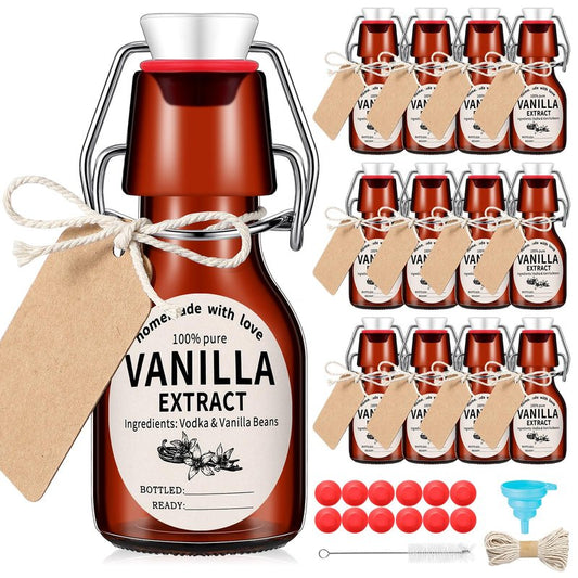 Vesici 12 Sets Swing Top Glass Bottles Set Amber Homemade Vanilla Extract Bottles Vanilla Extract Jars for Christmas DIY Crafts (2 Oz)