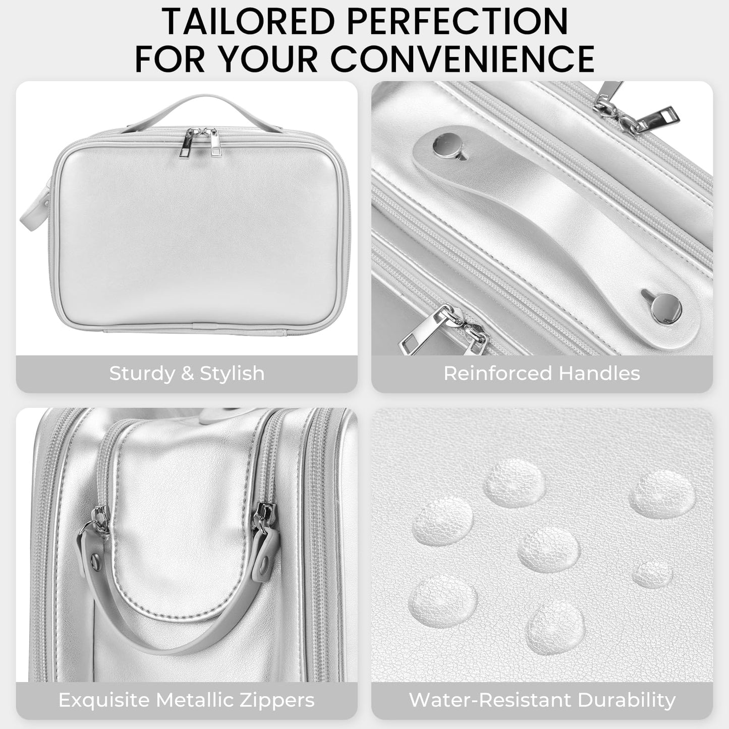 HauteHues Travel Makeup Bag Women's Large Capacity Cosmetic Portable Organizer Large Opening Waterproof Storage Toiletry Bags Vertical Free-Standing Brush Holder for Easy Access Silver