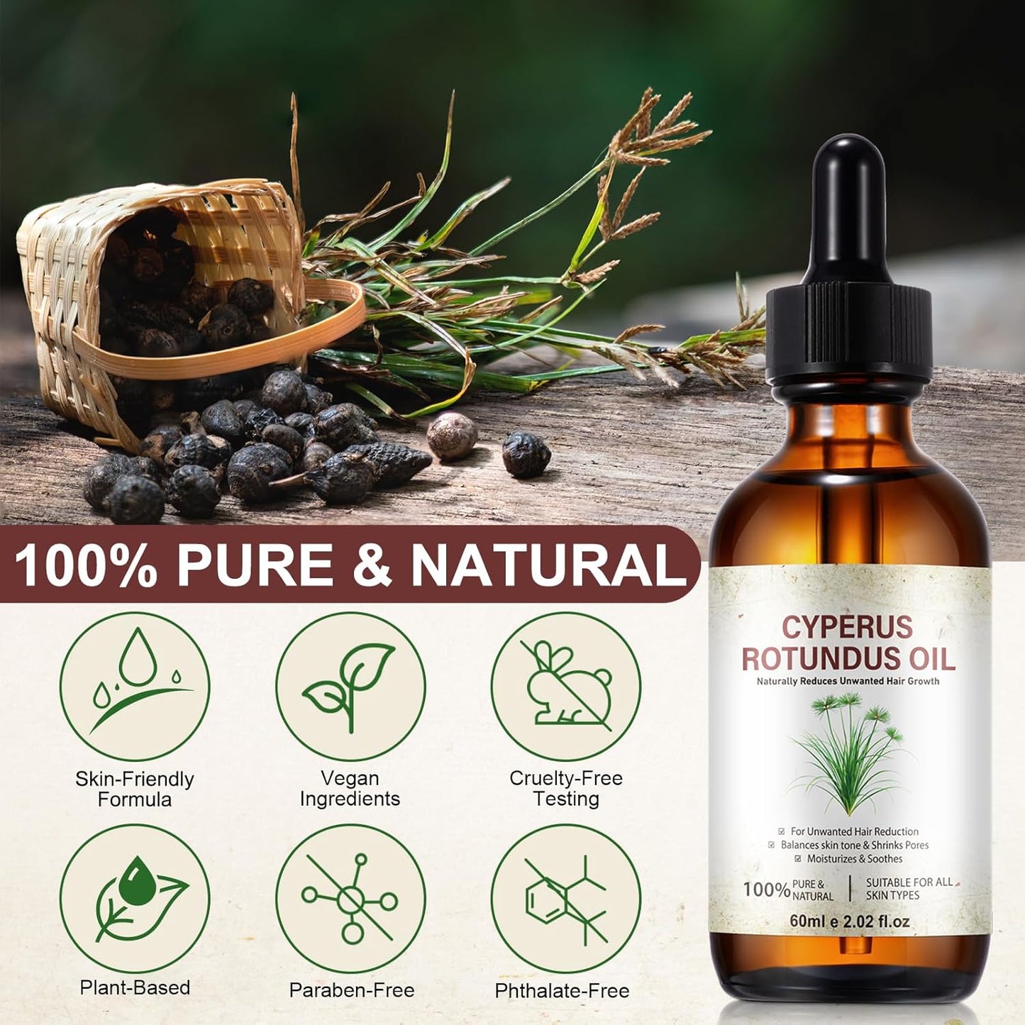Cyperus Rotundus Oil Hair Removal | Natural Body Hair Growth Reducer, Pore Shrinkage & Skin Moisturizer - 60ml