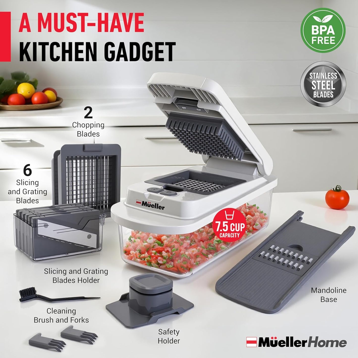 Mueller Vegetable Chopper - 10-in-1 Mandoline Slicer with 8 Blades & Container | Kitchen Gadget Essentials