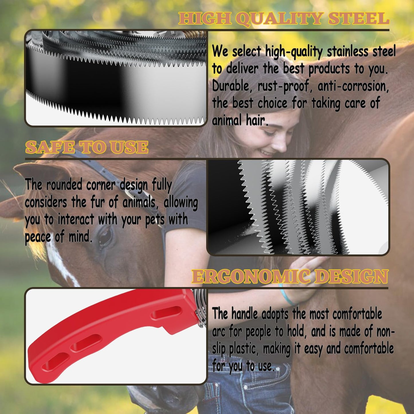 6 Rings Curry Comb Horse Brush, Reversible Stainless Steel Shedding Comb & Scraper with Soft Touch Grip, Horse Grooming Supplies for Horses, Dogs & Livestock, Curry Comb for Shedding & Bathing