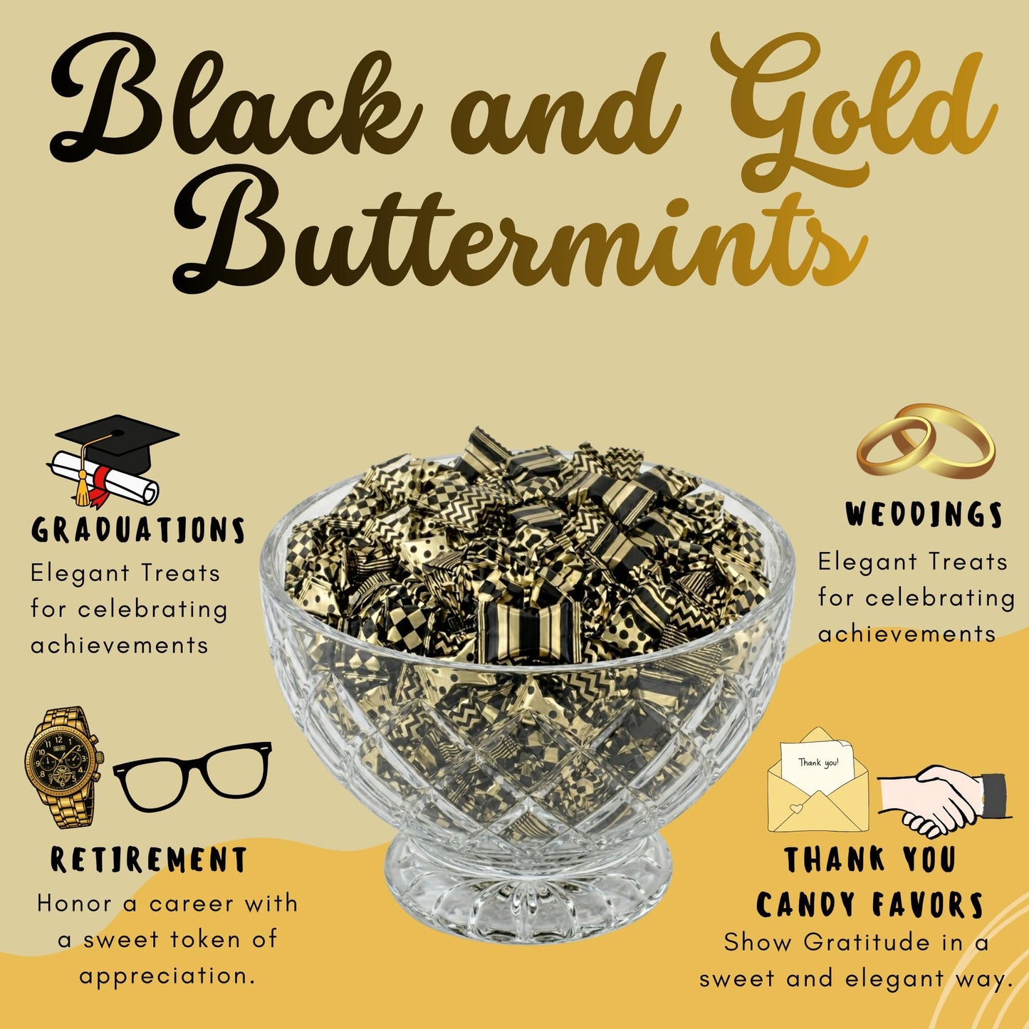 220pk Gold and Black Buttermints Individually Wrapped Bulk – Wedding Mints, Thank You Candy, Party Favors, Graduation, Retirement, New Years, Candy Buffet, Prom and Anniversary