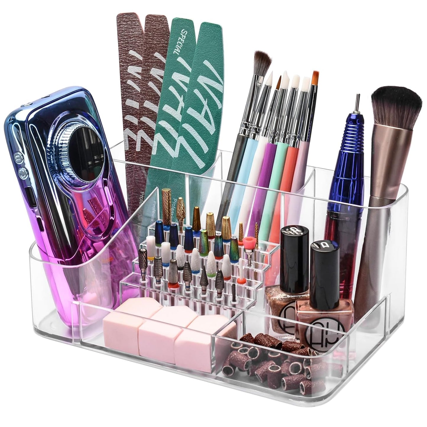 Nail Drill Holder - 28 Holes Bit Organizer for Nail Techs | Bling White Design