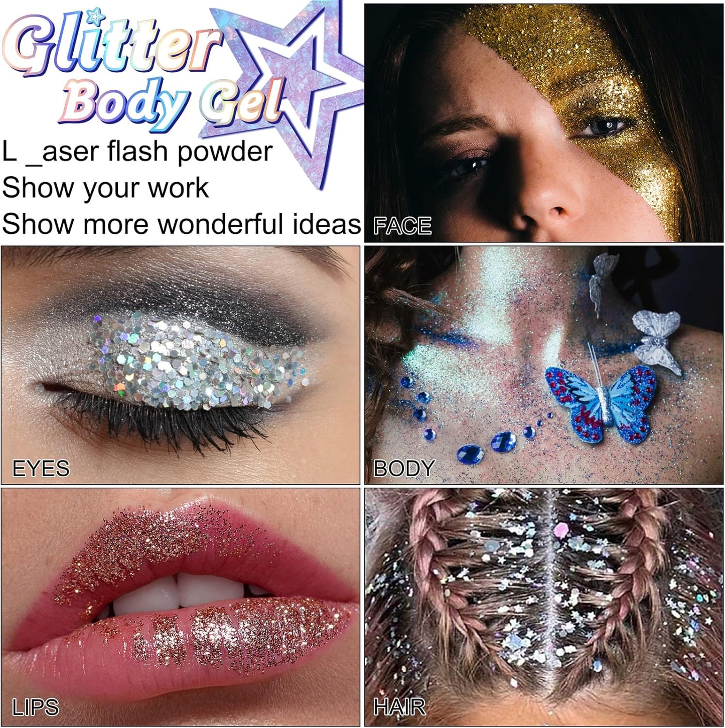 Body Glitter Gel Set - 6 Colors Shimmering Face & Hair Glitter | Festival Makeup & Rave Accessories