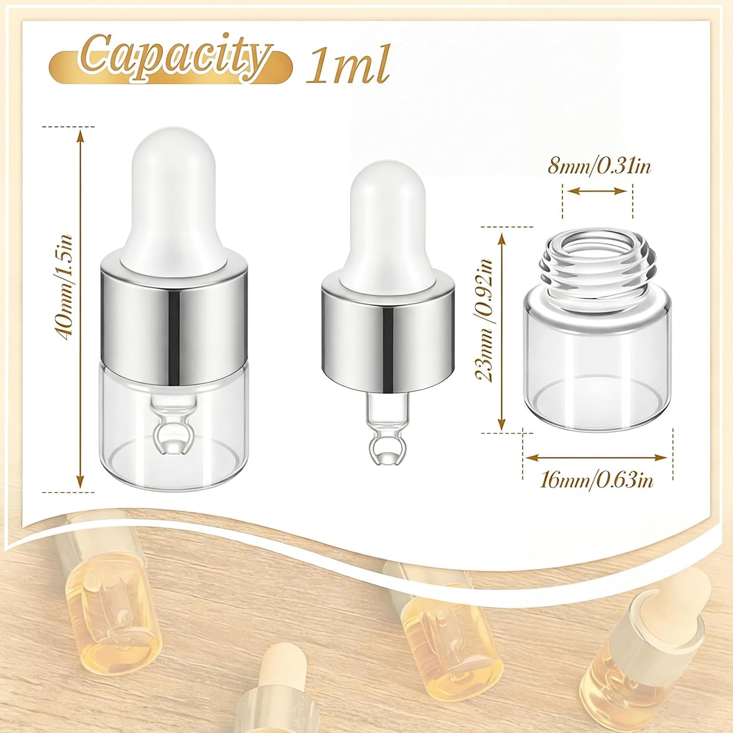 Mini Glass Oil Dropper Bottles - 100 Pcs 1 ml Clear Essential Sample Containers | Travel-Friendly Perfume Vials with Caps