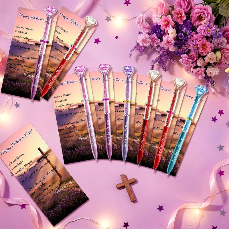 Diamond Ballpoint Pens Set - 24 Bulk Crystal Ink Pens with Bible Cards | Ideal Christian Gifts for Mothers & Sunday School