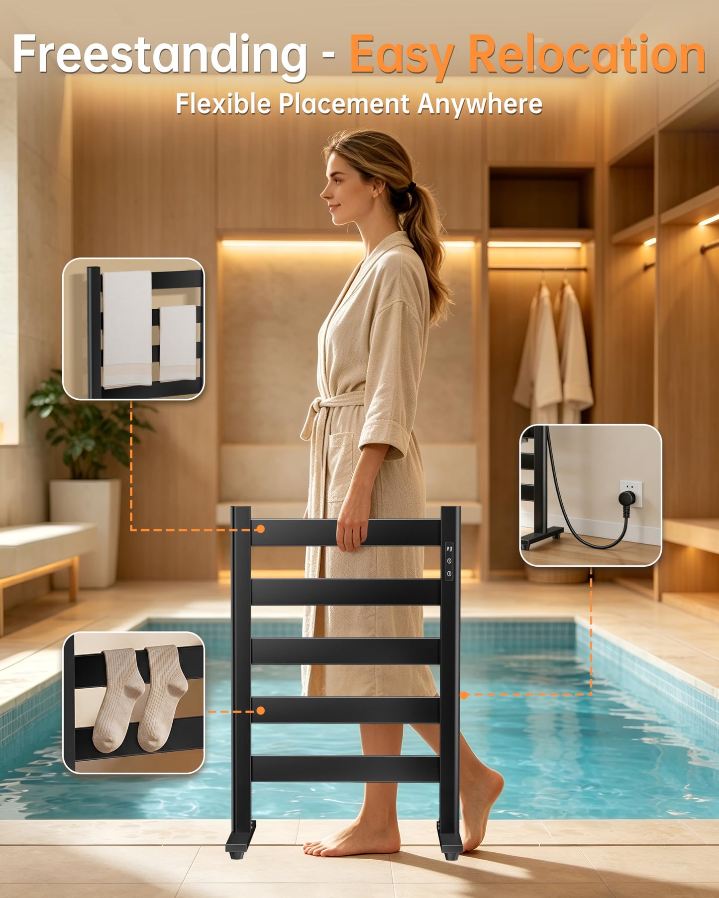 Sawlece Freestanding Towel Warmer – 5-Bar Heated Towel Rack with Timer & Adjustable Temperature, Space Aluminum, Rust-Resistant, Fast Heating in About 10 Minutes for Bathroom & Spa,Matte Black