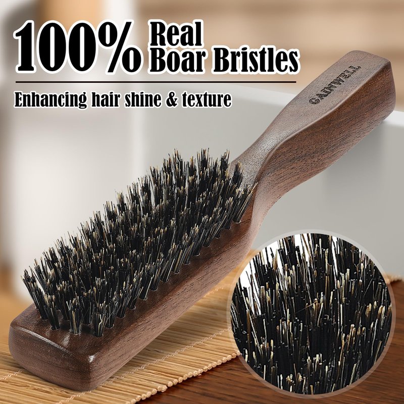 GAINWELL Mens Wild Boar Bristle Hair Brush for Men, Slick Back Hair Brush with Stiff Bristles for Thick Hair, Beard Brush Natural Black Walnut Wooden Handle Hairbrush