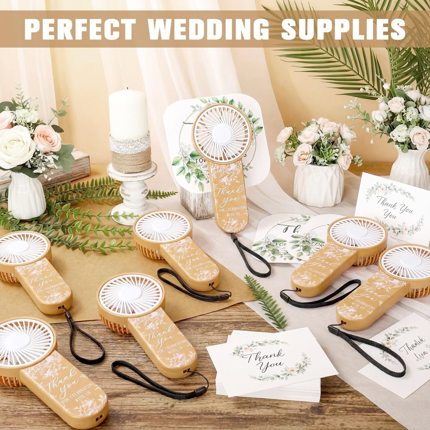 Tujoe 100 Pcs Wedding Handheld Fans for Guests Mini Personal Portable Fans Bulk Thank You for Celebrating with Us Fan for Wedding Bridal Shower Party Favors Summer Travel (Beige Botanical Lace)