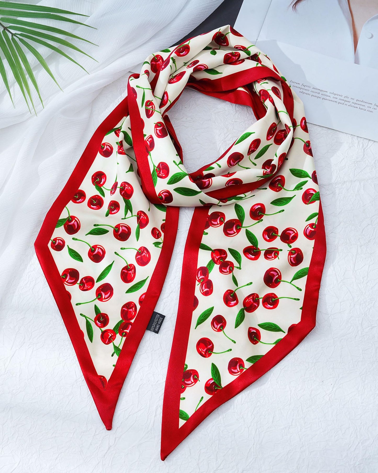 Mesovor Cherry Head Scarf Hair Neck Scarves for Women, Silky Scarf for Purse Bag Handbags | Satin Skinny Scarf Headbands for Country Concert Western Outfits (Cherry (White))
