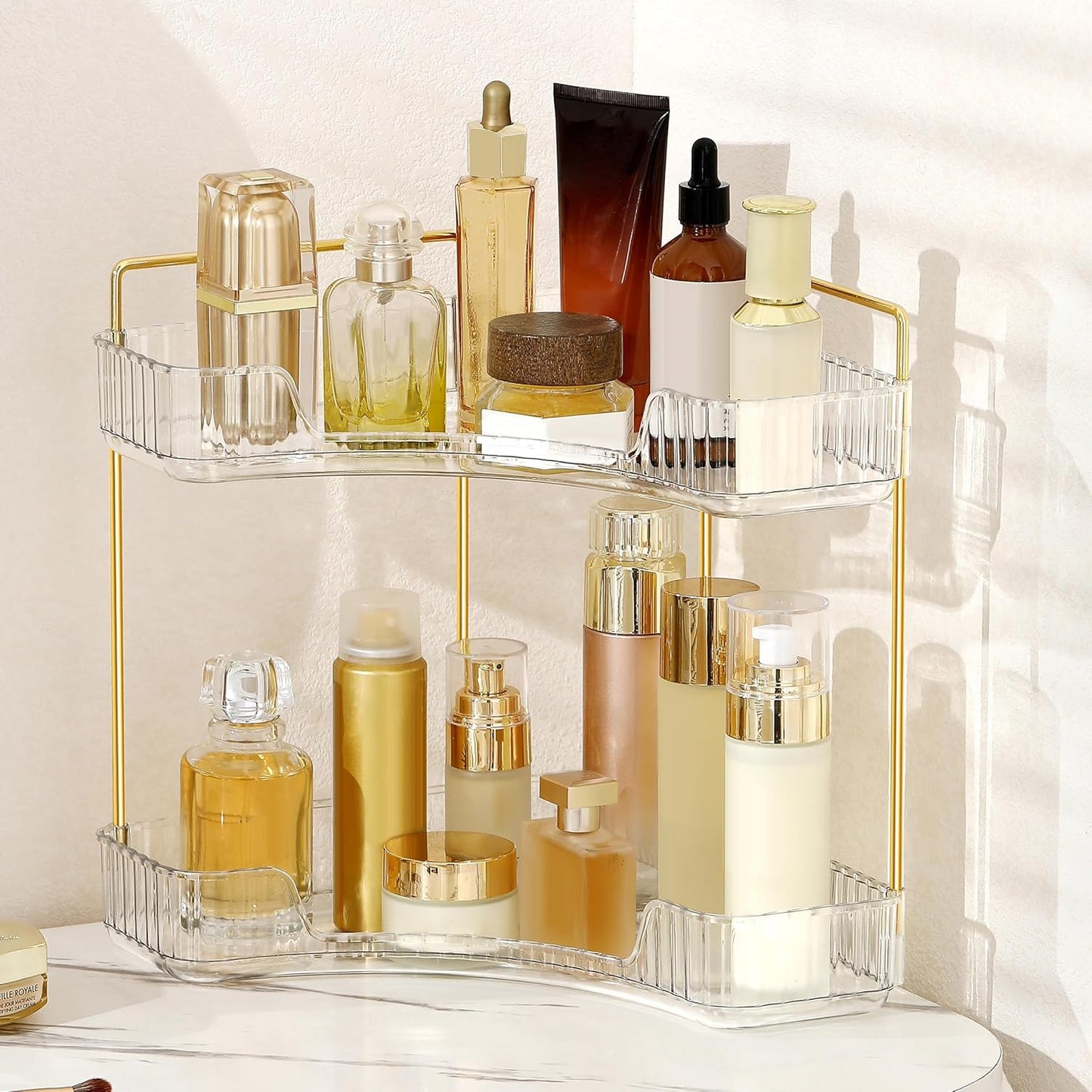 3 Tier Corner Bathroom Organizer - Stylish Makeup & Perfume Shelf for Vanity | Grey