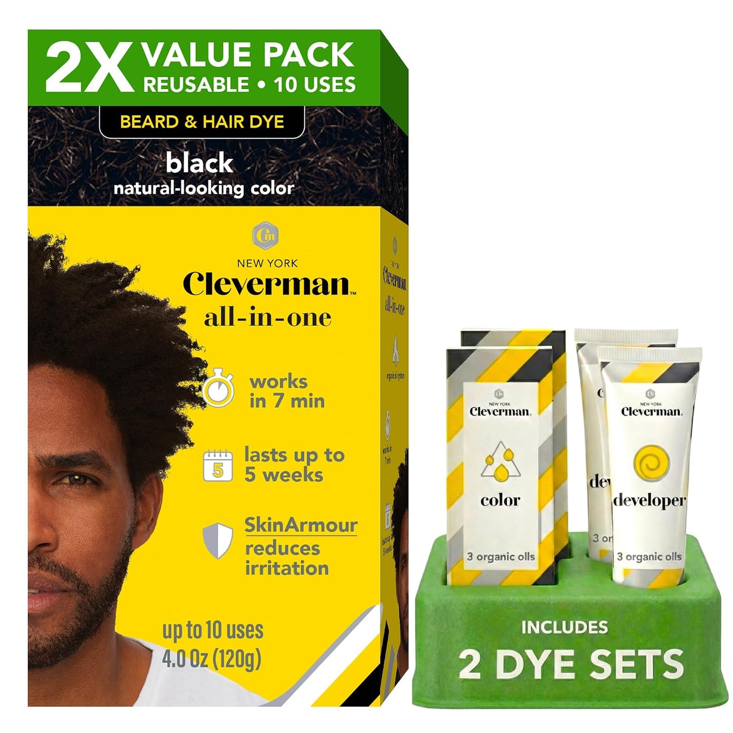 Reusable Hair & Beard Dye for Men - Medium Brown | Natural Gray Coverage, No-Drip Cream, Up to 5 Uses
