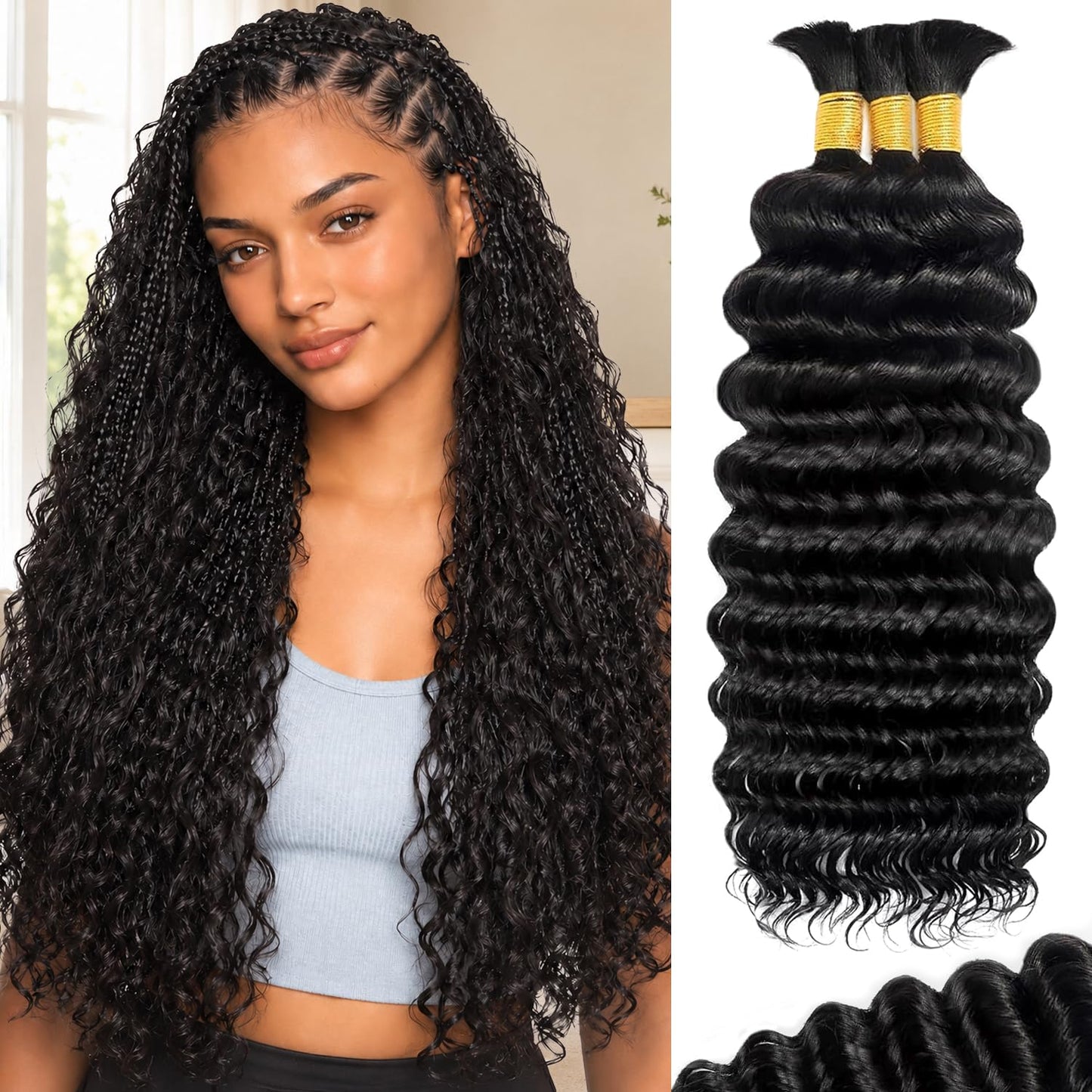 BIZVUS Human Braiding Hair for Boho Braids, Deep Wave Bulk Human Hair for Braiding, Wet and Wavy Curly Hair for Knotless Braids, Bohemian Braiding Hair 110g 3Bundles Natural Color #1B 18 Inch