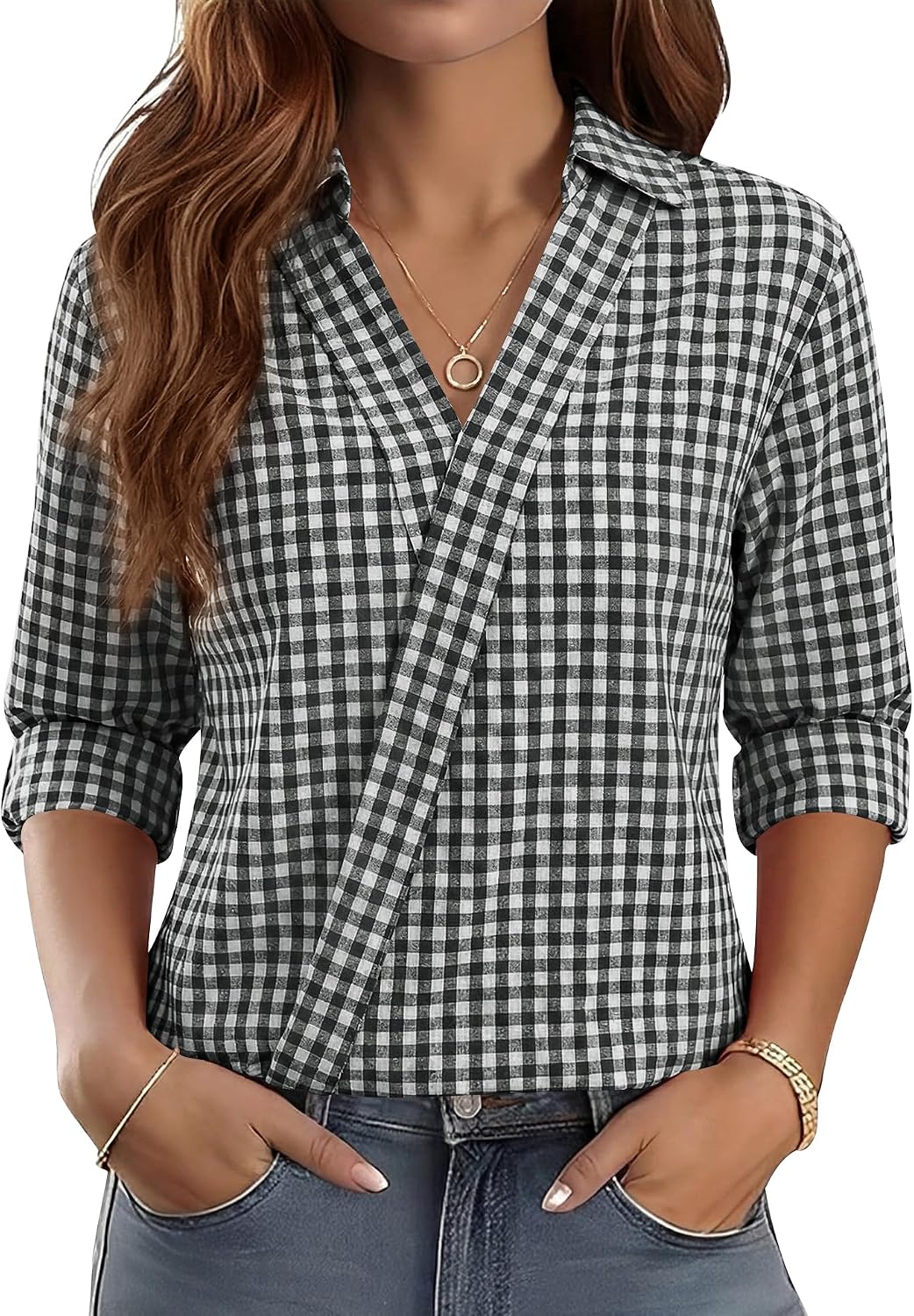 3/4 Length Sleeve Women's Dressy V-Neck Collared Tops - Trendy Business Casual Blouses for Work & Vacation