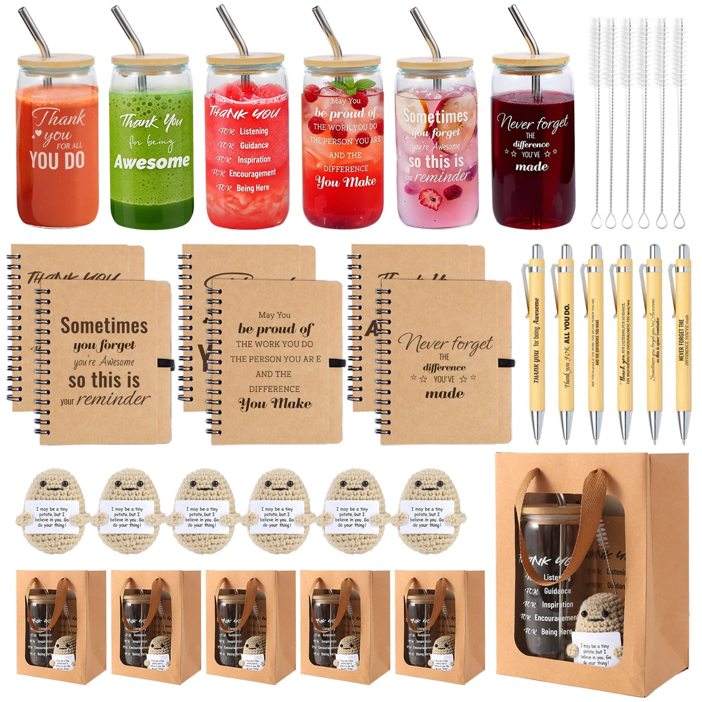 42 Pcs/6 Sets Employee Appreciation Gifts Bulk - Includes 16oz Glass Cups with Bamboo Lid, Positive Crochet, Inspirational Notebooks with Pens, Kraft Paper Gift Bags & Straw - Thank You Gifts for Coworkers, Teachers, Staff & Team