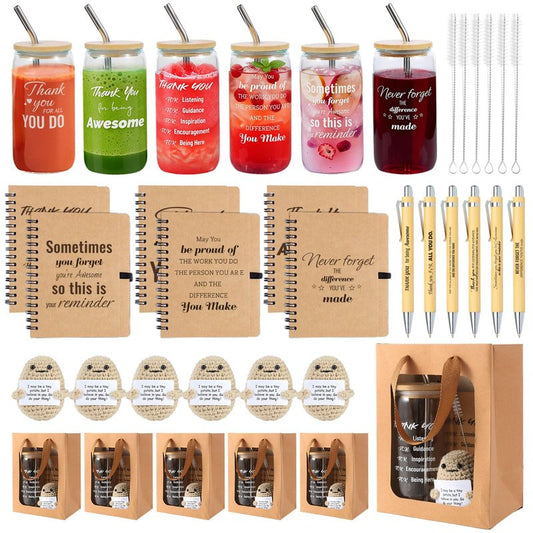 42 Pcs/6 Sets Employee Appreciation Gifts Bulk - Includes 16oz Glass Cups with Bamboo Lid, Positive Crochet, Inspirational Notebooks with Pens, Kraft Paper Gift Bags & Straw - Thank You Gifts for Coworkers, Teachers, Staff & Team