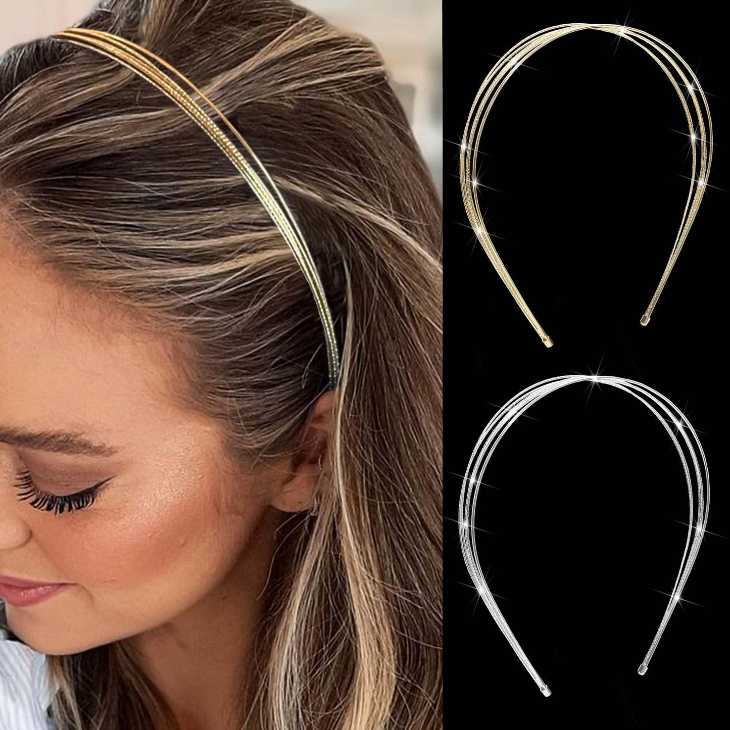 STGDAK Gold Headband Elegant Metal Headbands Multi Layers Silver Headpiece Fashion Hairband Row Wire Head Bands Cute Hair Accessories For Women Girls 2 Pack