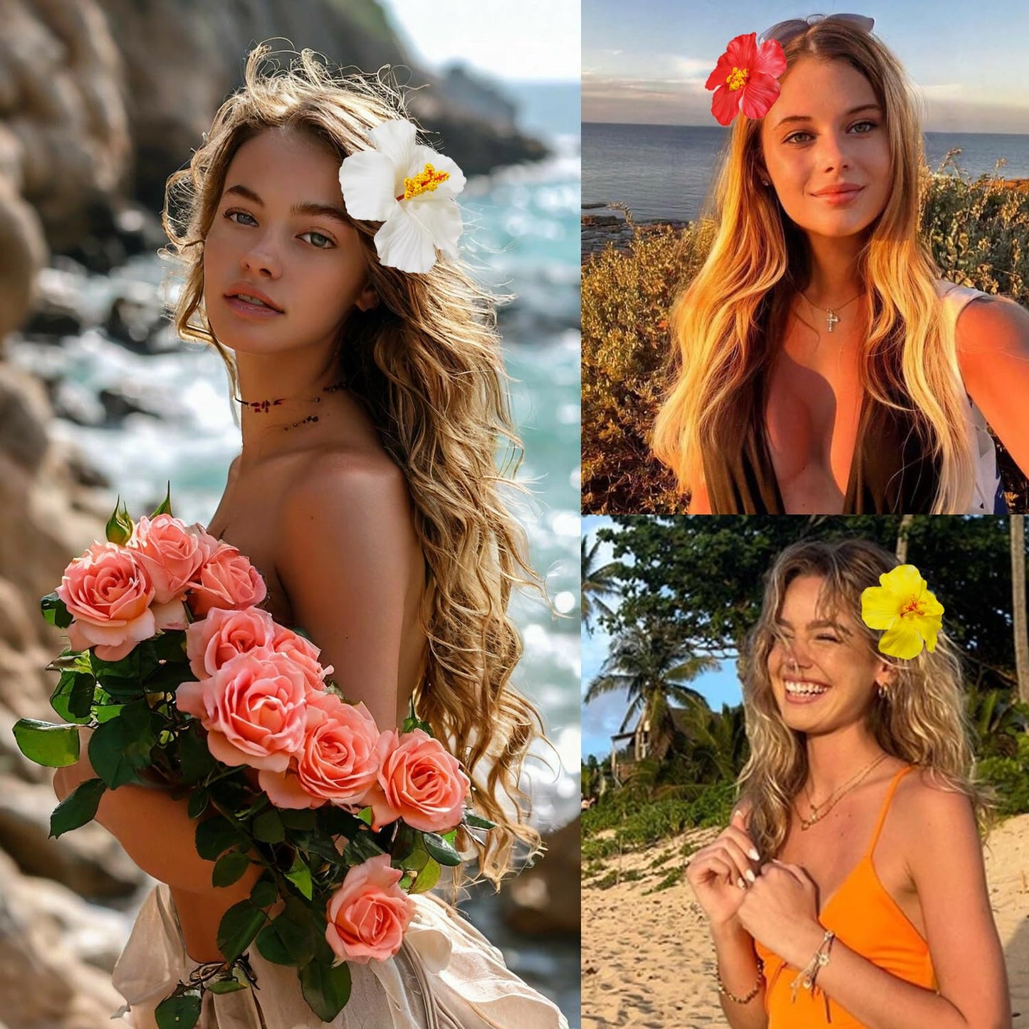 Hawaiian Flowers Hair Clips - 2 PCS Hibiscus Floral Accessories for Beach Parties | Orange