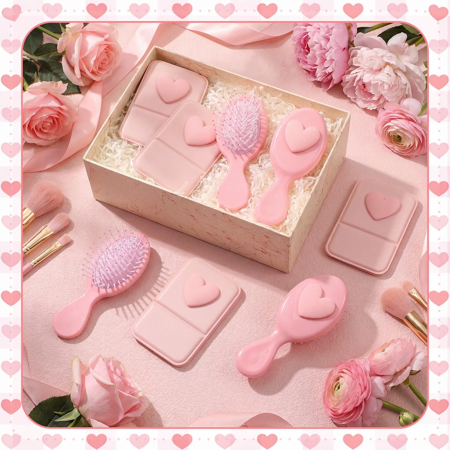Amyhill 30 Pcs Coquette Heart Party Favor Compact Mirror Mini Hair Brush Travel Detangling Brush Bulk Preppy Heart Gift for Women Birthday Bridal Shower Bachelorette Graduation Party Supplies(Pink)