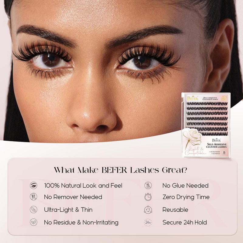 BEFER Self Adhesive Eyelashes Clusters, D Curl 10-16MM Pre Glued Lash Natural Look No Glue No Remover Needed Reusable Lashes Press on Eyelash Clusters Easy for Use DIY at Home(TYB102,Velvet)