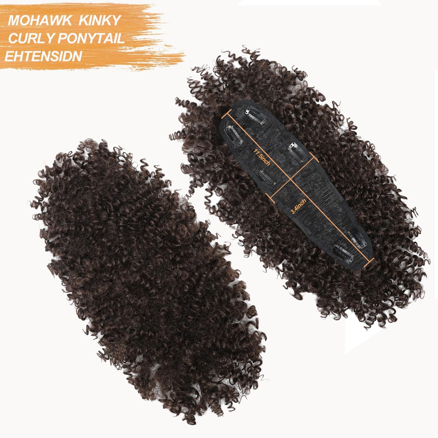 Mohawk Wig Kinky Curly Dark Brown Ponytail with Bangs,Short Curly Synthetic Clip on Mohawk Ponytail Extension Hair Pieces for Women with Six Clips and Two Combs Fluffy for Daily and Party Use 4#