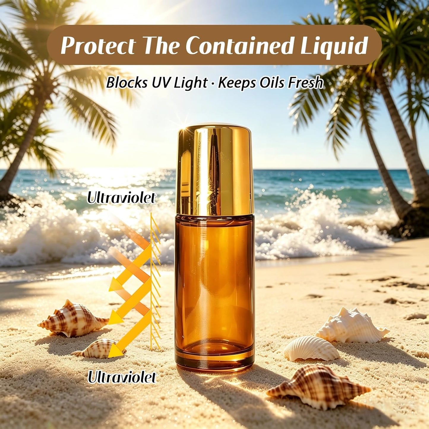 Rose Quartz Roller Bottle - 1oz Refillable Amber Glass for Essential Oils & Skincare | Leak-Proof with Gold Cap & Storage Bag