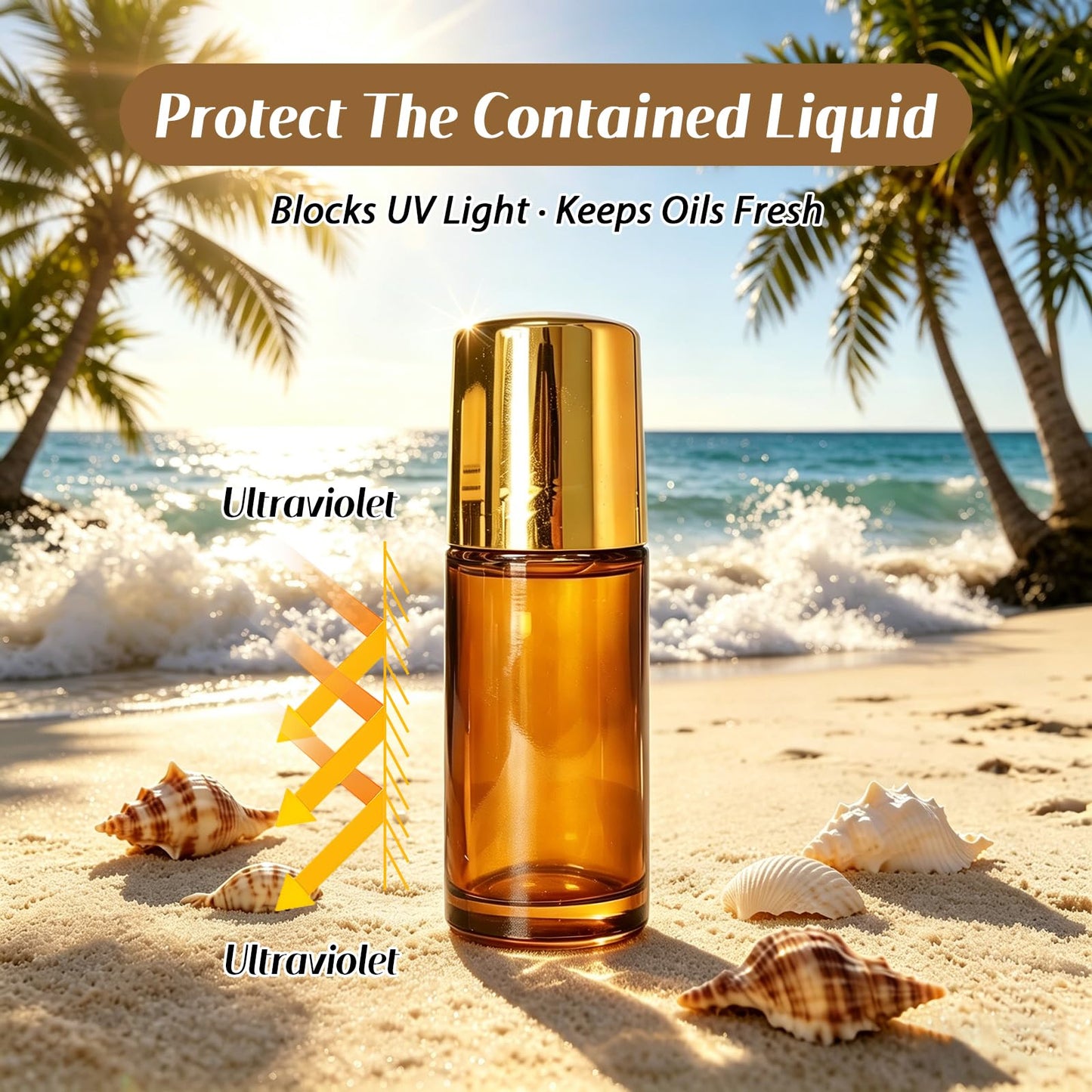 Cocurb 1oz Rose Quartz Roller Bottle for Castor Oil,Essential Oils and Skincare DIY,Refillable Leak-Proof Amber Glass Roll on Bottle Empty Deodorant Container with Gold Cap&Storage Bag
