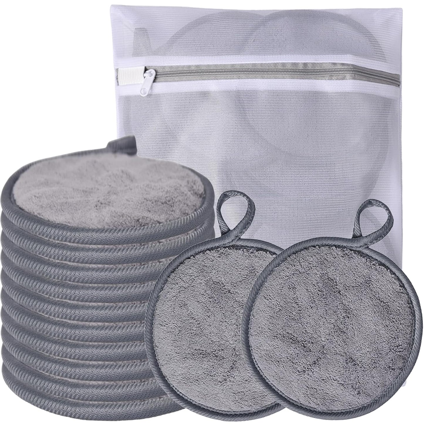 Reusable Makeup Remover Pads - Soft Microfiber Face Cleaning Cloths | 5-Inch Washable Pads with Laundry Bag, 12 Pack - Grey