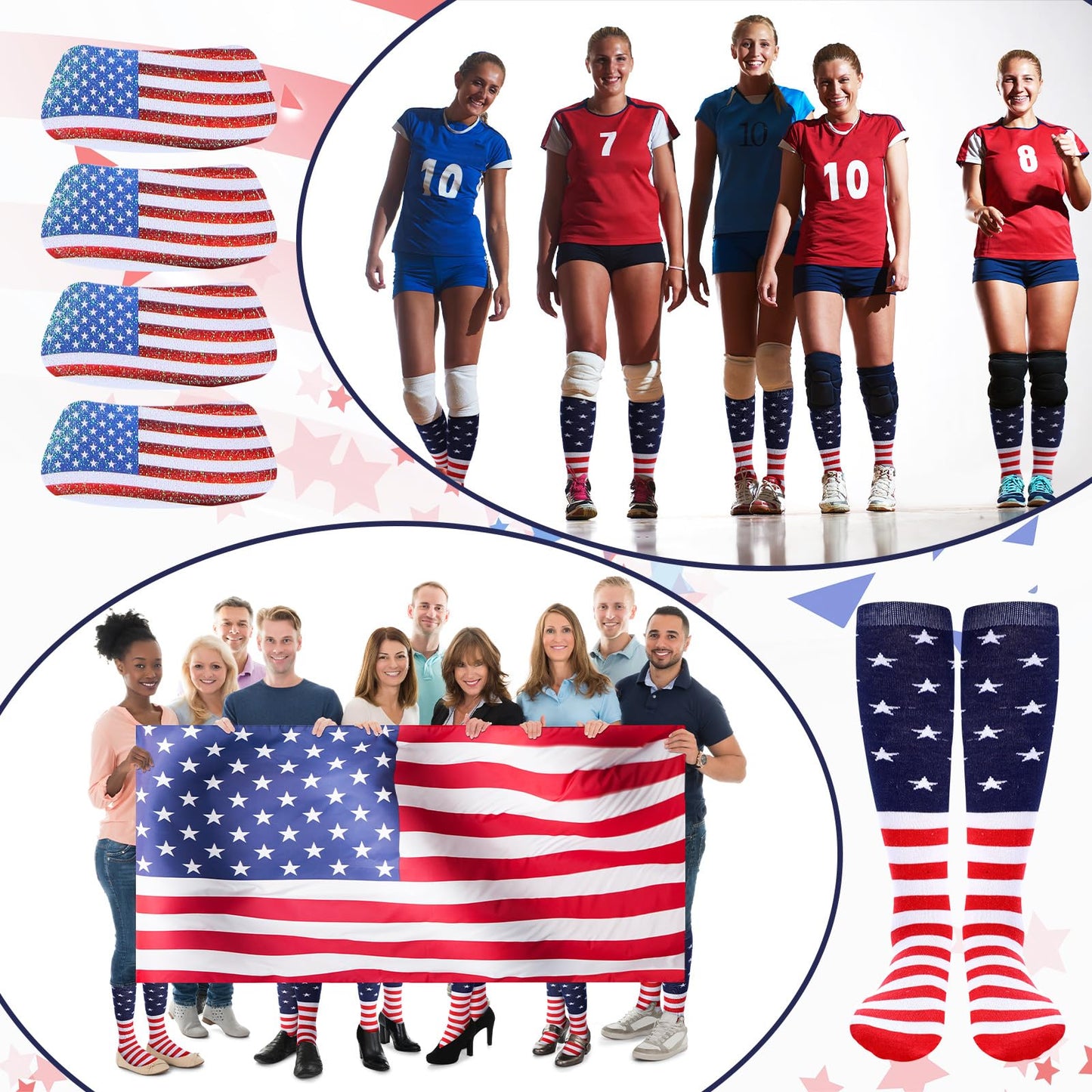 Panitay 12 Pcs 250th Sport Accessories 6 Softball Soccer Socks 6 Glitter Eye Black Stickers for Youth Women Adult Supplies