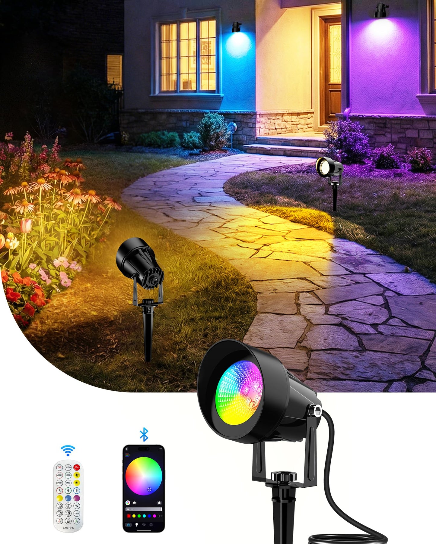 CORESLUX Spot Lights Outdoor, RGBW LED Landscape Lights with APP & Remote Control, Music Mode, DIY Scenes, Timing, IP65 Waterproof Outdoor Landscape Lights for Path Garden Yard