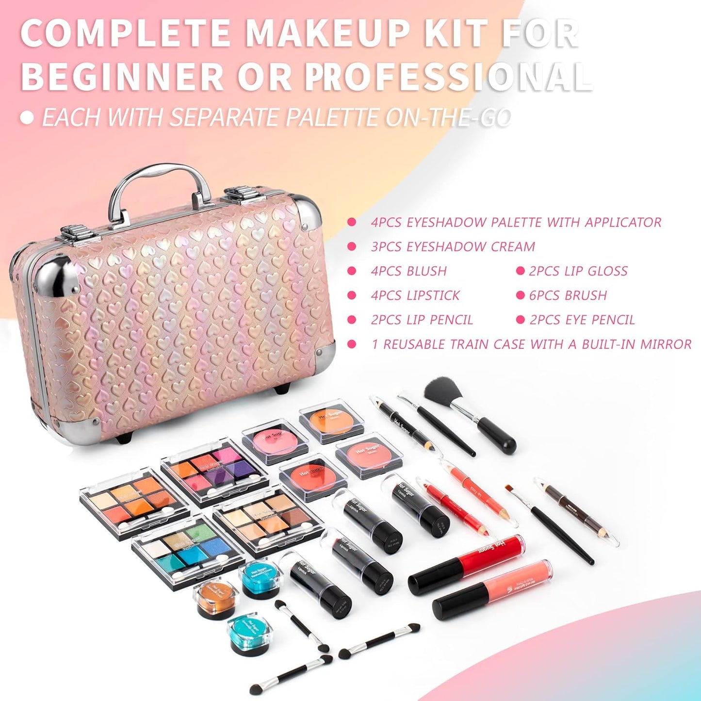 All In One Makeup Set for Teen Girls - Full Beginner Kit with Eye Shadow, Blush, Lip Gloss & More | Pink Heart
