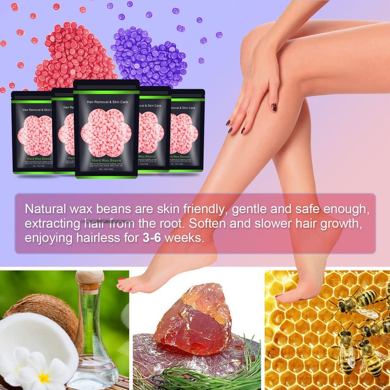 Auperwel Wax Beads for Hair Removal 1.1 lb (17.6 oz), Hard Wax Waxing Beads Kit for Sensitive Skin Brazilian, Face, Bikini, Eyebrow, Legs, Painless for Women Men, 5 packs with 10 Sticks
